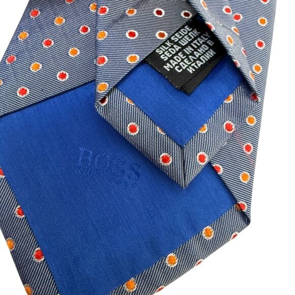 HUGO BOSS  Mens Designer Necktie Blue Dots Luxury Woven Silk Tie Narrow Italy - Picture 7 of 7